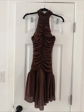 Ruched Halter Mini Dress in Chocolate Brown
